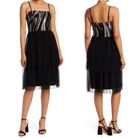 DRESS THE POPULATION Block Print Tiered Dress Black MultiColor Sequin Size XS - Picture 1 of 15